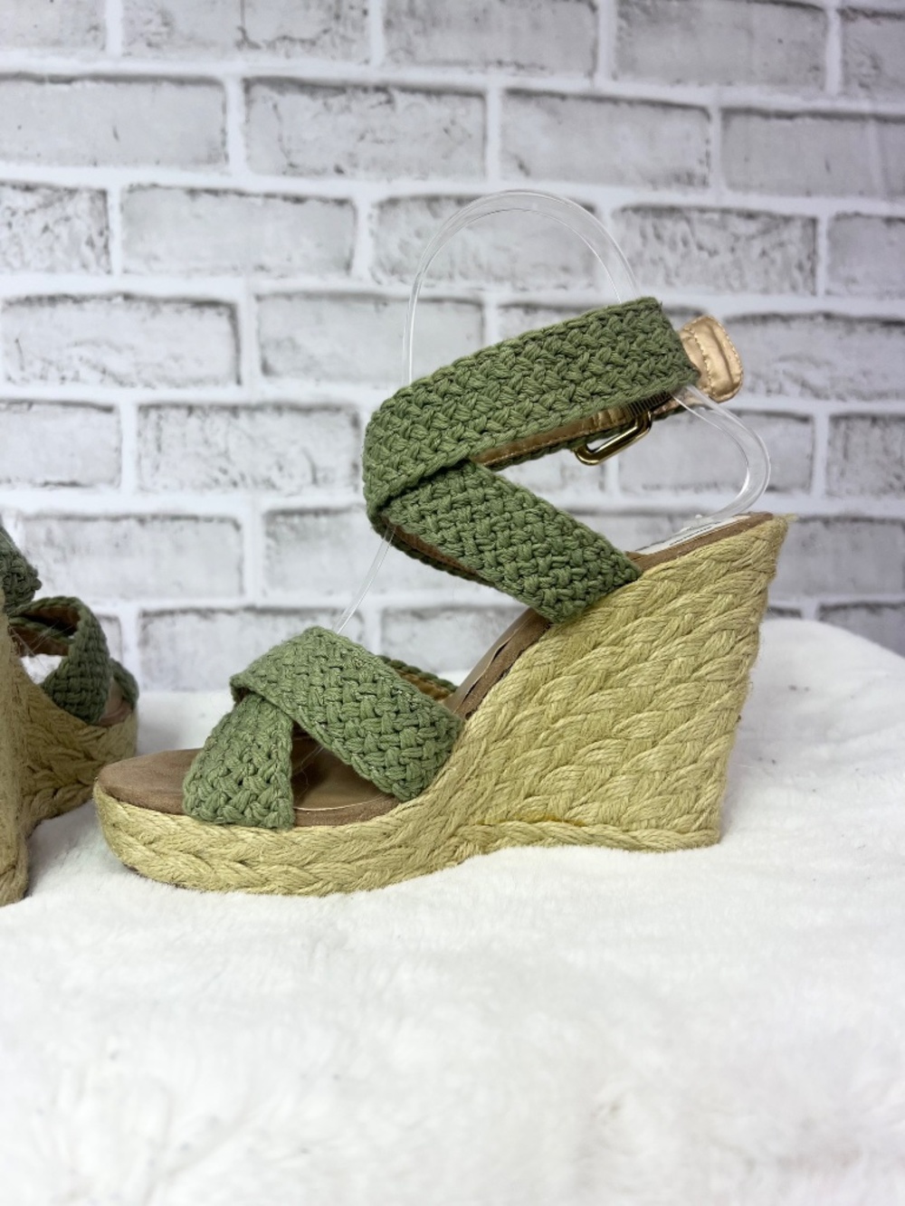 NWT🤩 |•NINE WEST•| Olive Green Crochet Espadrille Wedge Sandals Women’s Size 7 - Picture 7 of 14